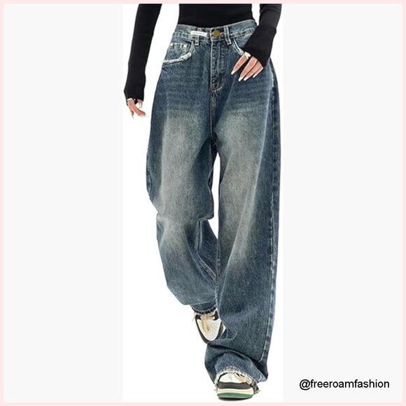 Denim - Wide Leg Boyfriend Jeans High Rise Distressed Vintage Denim Pants